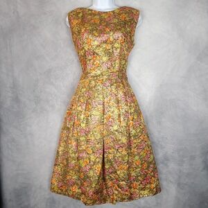 Vintage Suzy Perette Dress Womens Small Floral Metallic Jacquard Fit Flare 60s